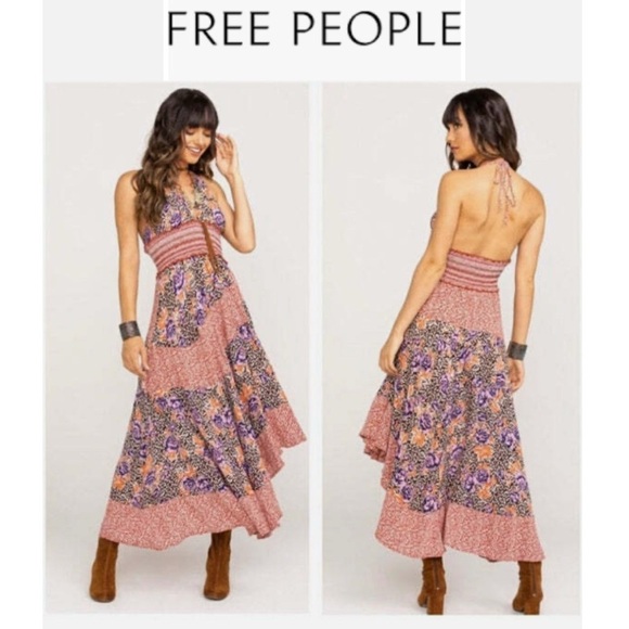 🆕Free People Terracotta Gabriella Patchwork Printed Halter Slip Dress L🆕 - Picture 1 of 15